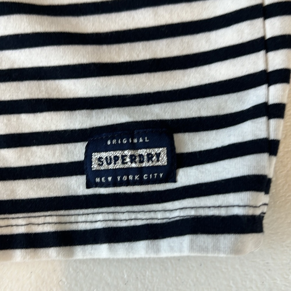 SuperDry Jersey Cotton Navy Stripe Dress Lace Sleeve Accent Sz 8 US - Picture 6 of 14
